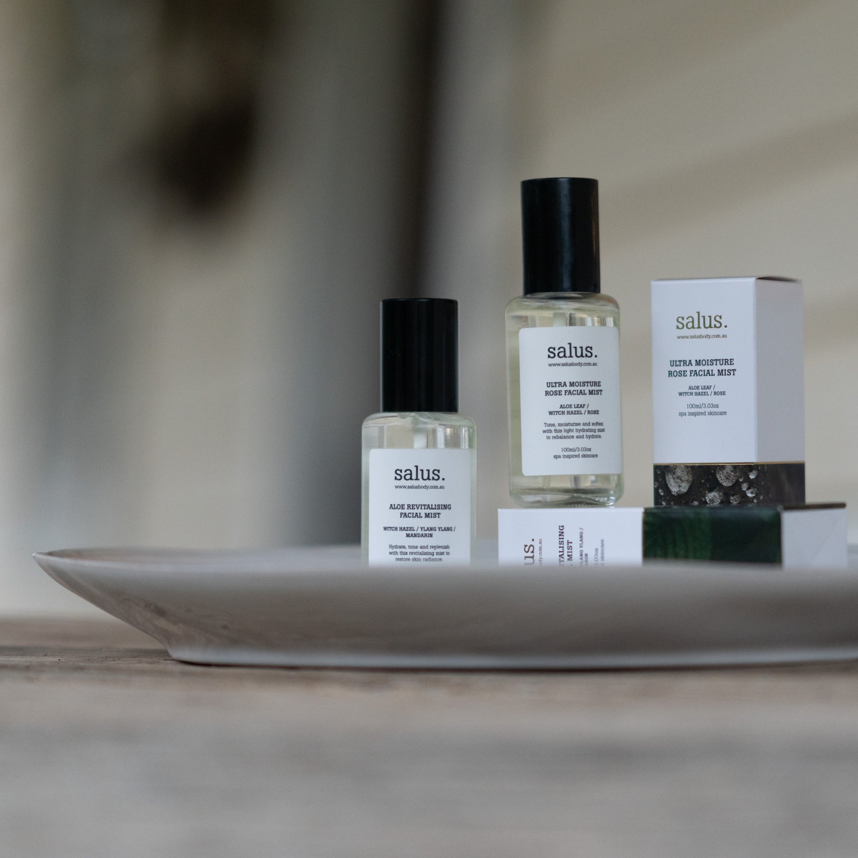 Salus Aloe Revitalising Facial Mist 100ml bottle with aloe vera, fresh and hydrating skincare product showing mist spray.