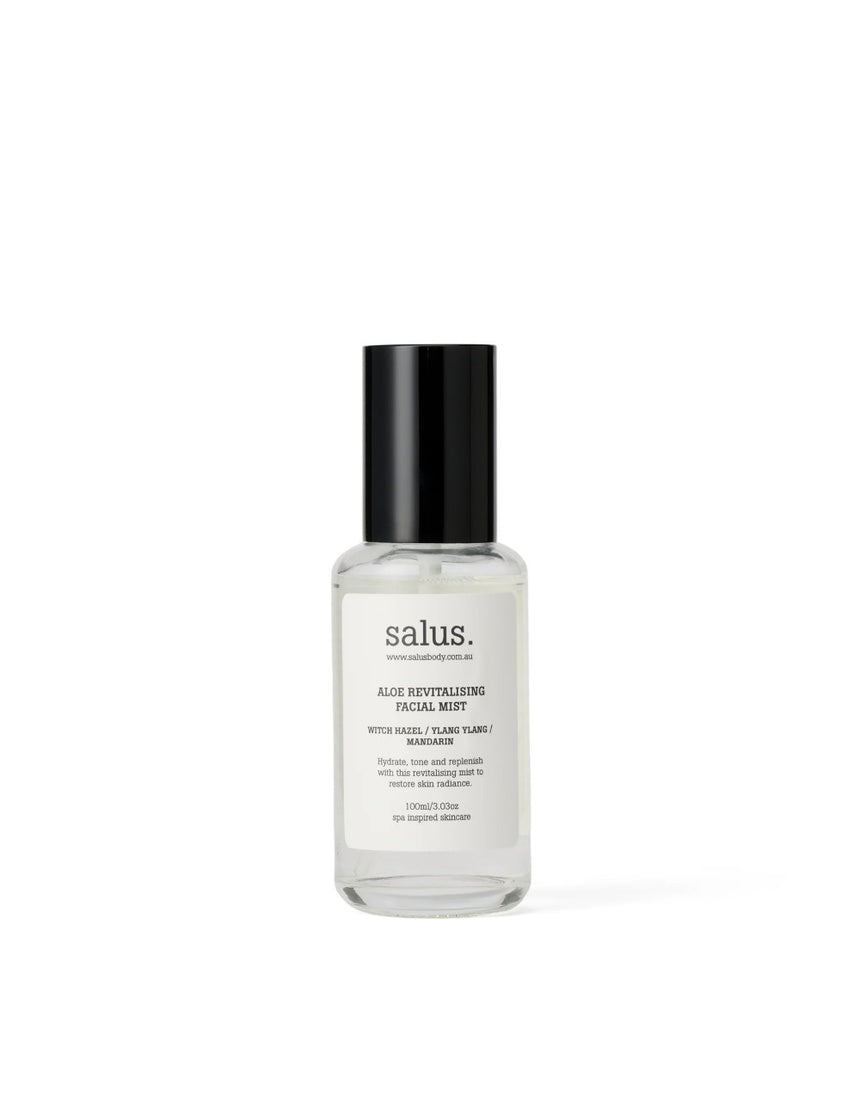 Salus Aloe Revitalising Facial Mist in 100ml spray bottle, featuring aloe vera for refreshing and hydrating skin.