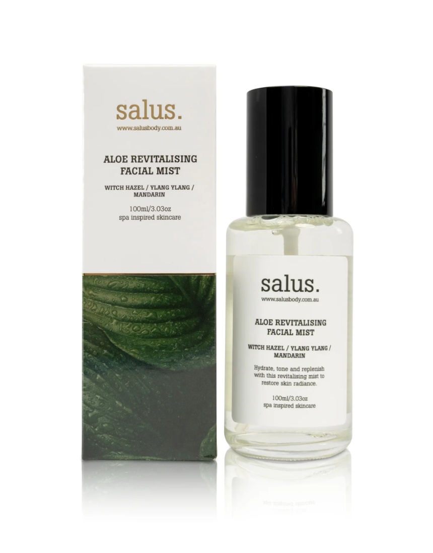 Salus Aloe Revitalising Facial Mist in a spray bottle, hydrating and refreshing skincare product for face and body.