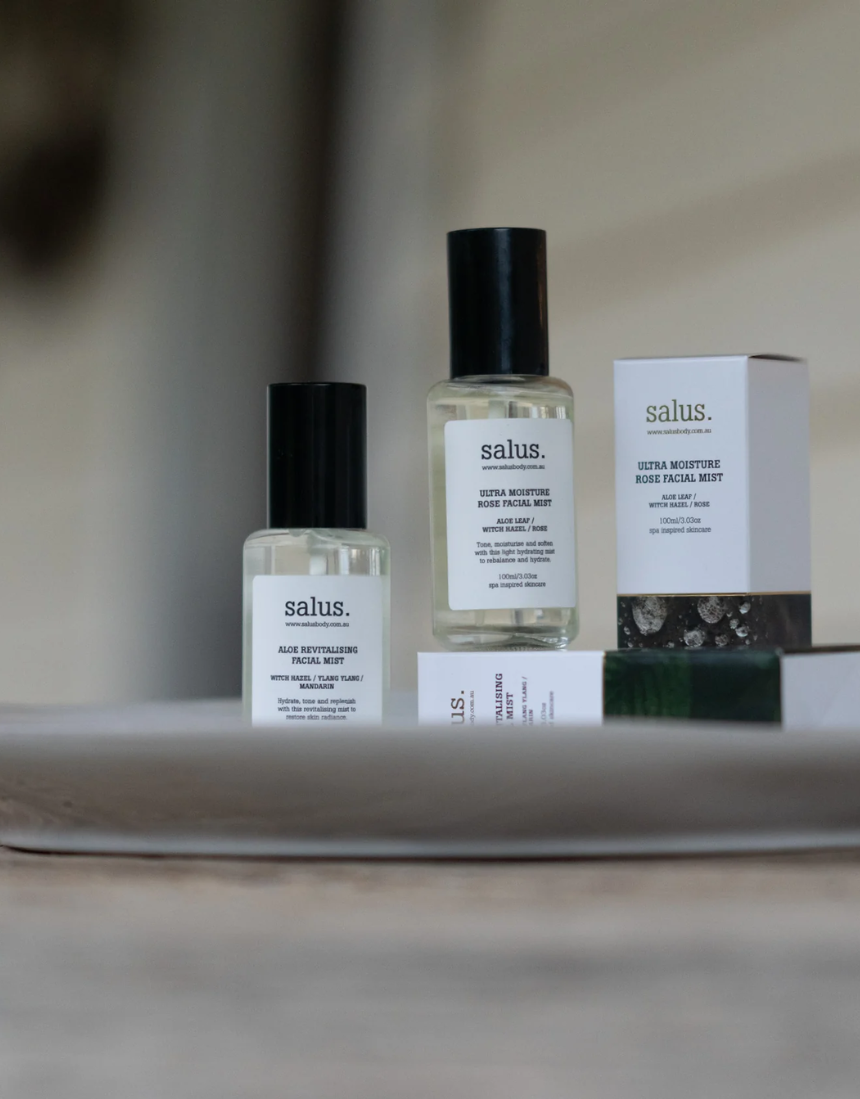 Salus Aloe Revitalising Facial Mist bottle from the Bath and Body collection, featuring a clear spray top and fresh aloe design