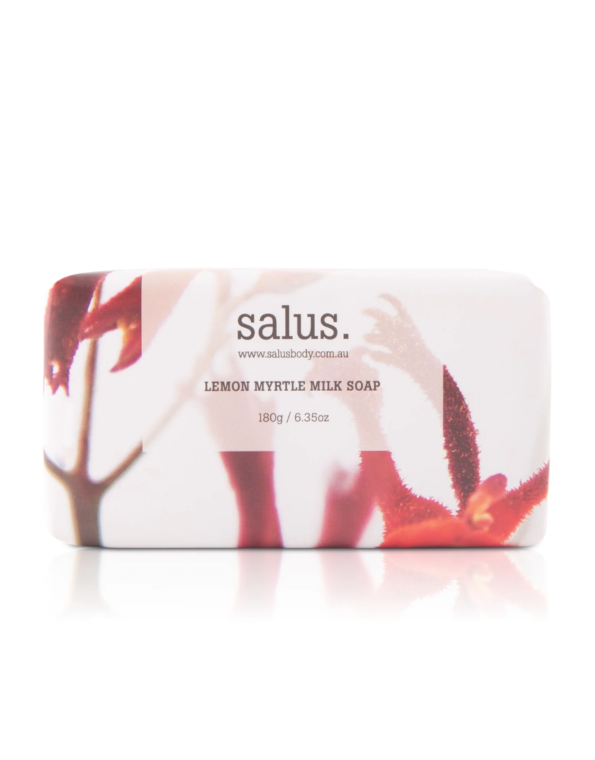 Salus Lemon Myrtle Milk Soap for bath and body, featuring lemon myrtle scent and creamy milk formula in a bar soap shape.