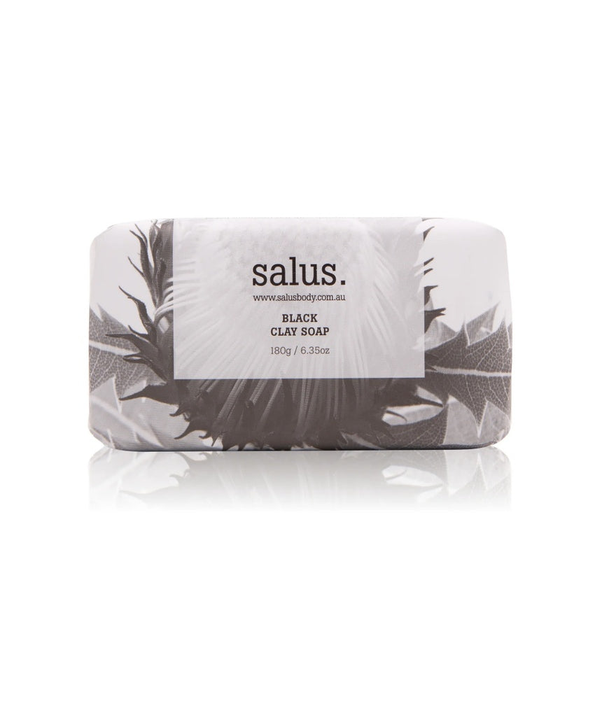 Salus Black Clay Soap 180g with natural black clay for cleansing and skin revitalization, shown wrapped in packaging.