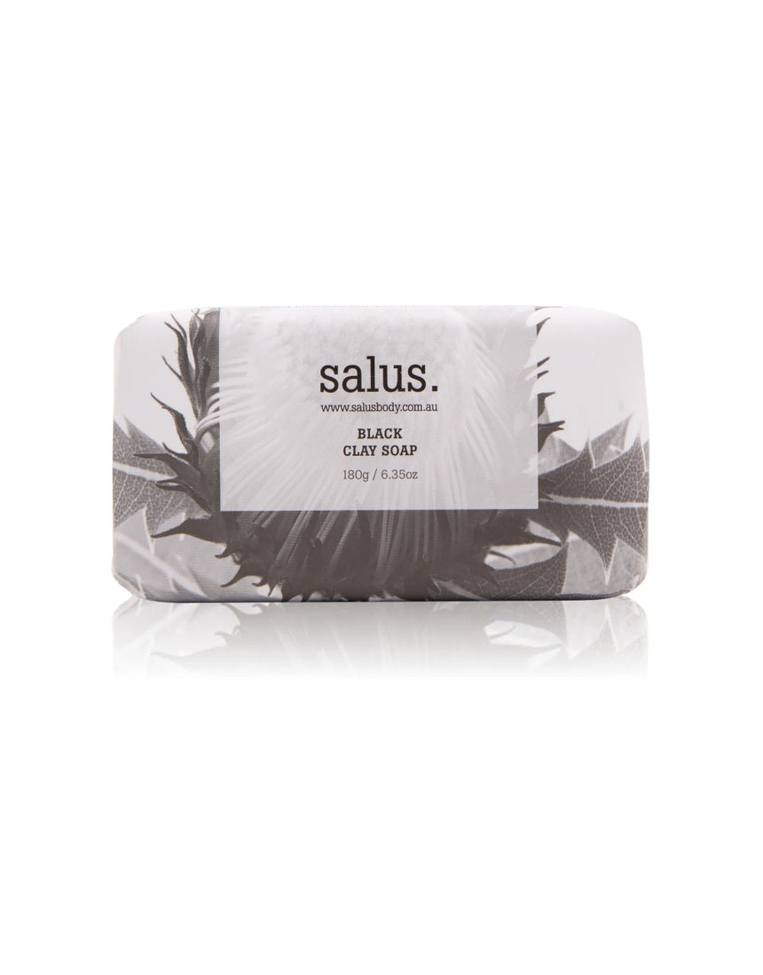 Salus Black Clay Soap 180g with natural black clay for cleansing and skin revitalization, shown wrapped in packaging.