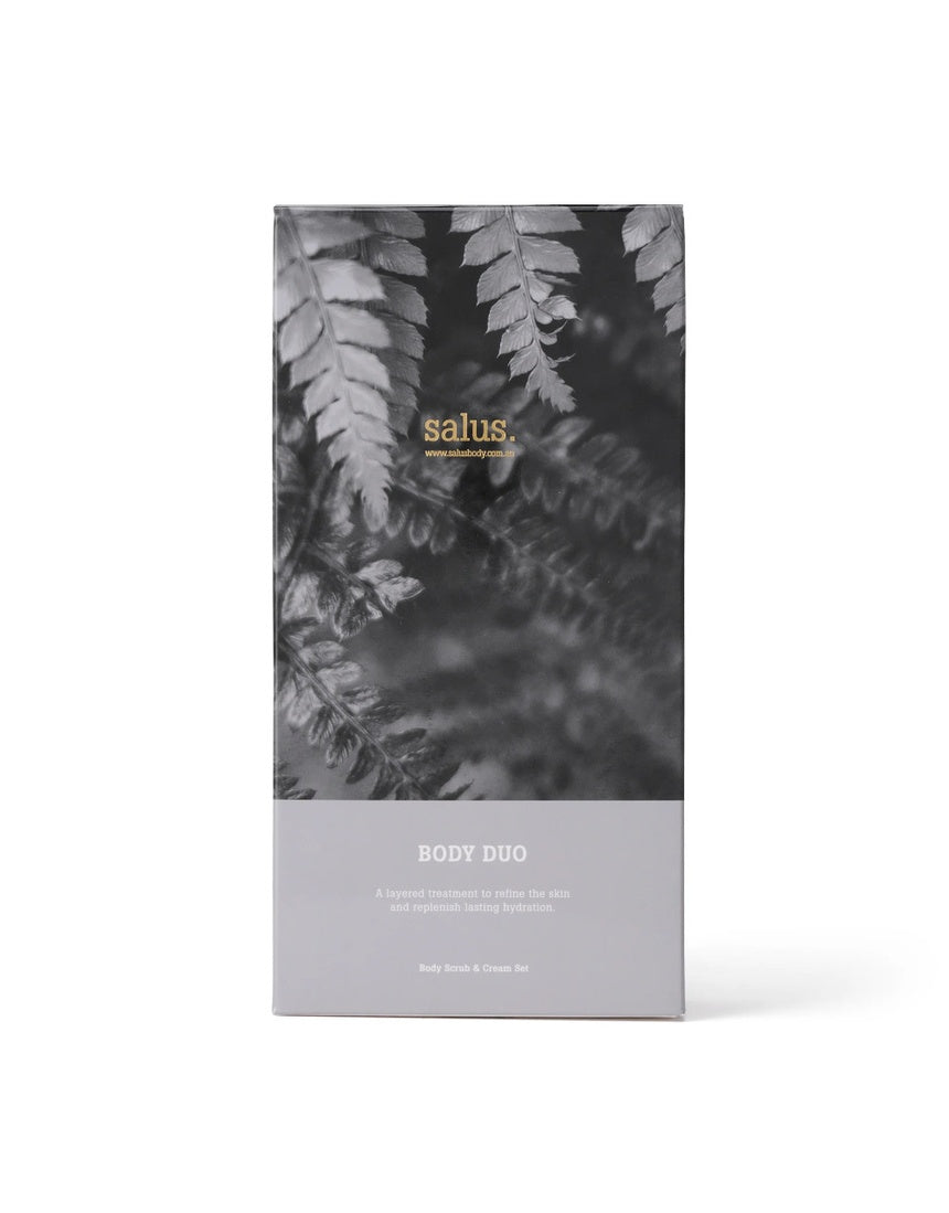 Salus Body Duo gift set featuring two skincare products in sleek packaging, ideal for nourishing and hydrating skin.