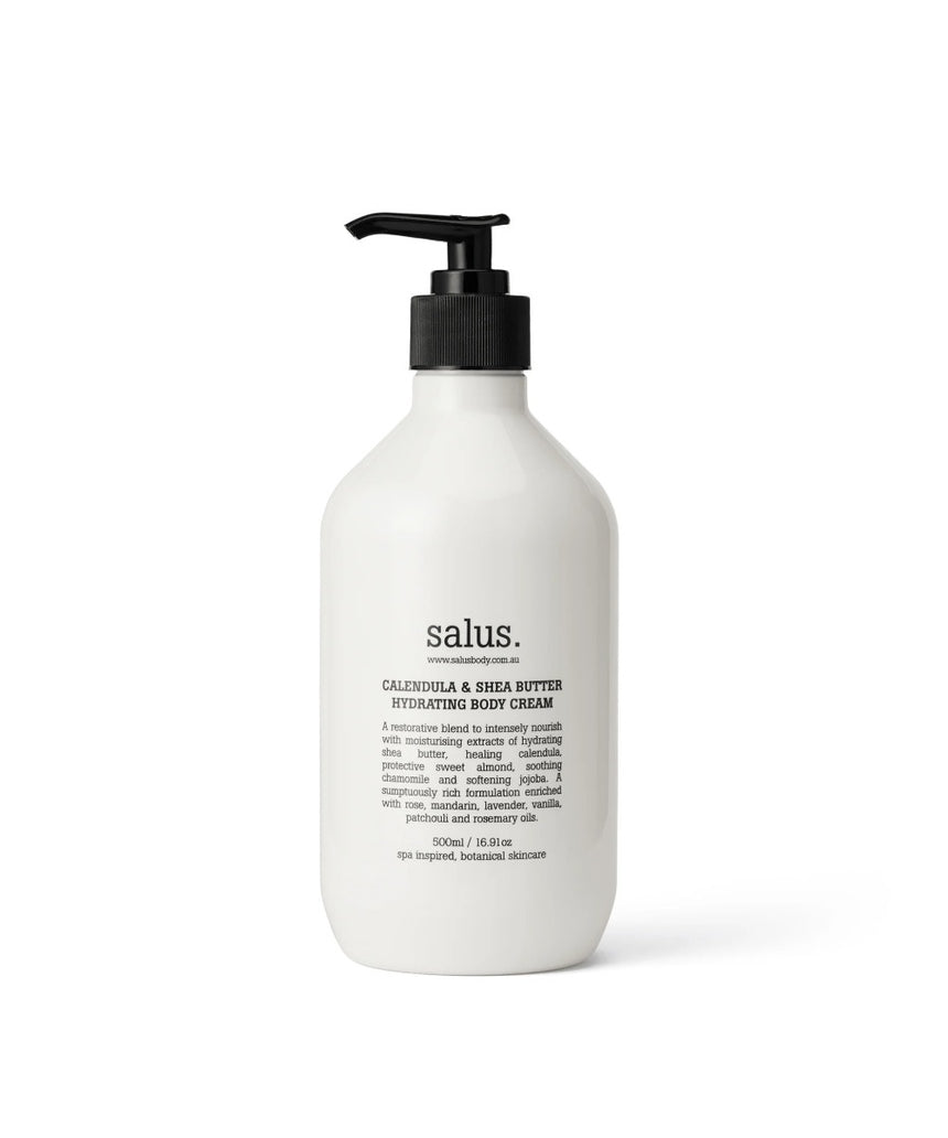 Salus Calendula and Shea Butter Hydrating Body Cream 500ml jar with creamy texture and natural ingredients for nourishing skin