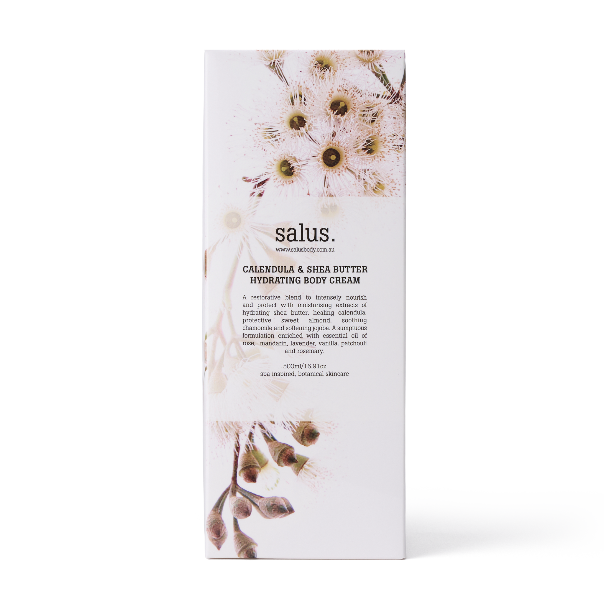 Salus Calendula & Shea Butter Hydrating Body Cream jar, creamy texture and natural ingredients, 500ml size.