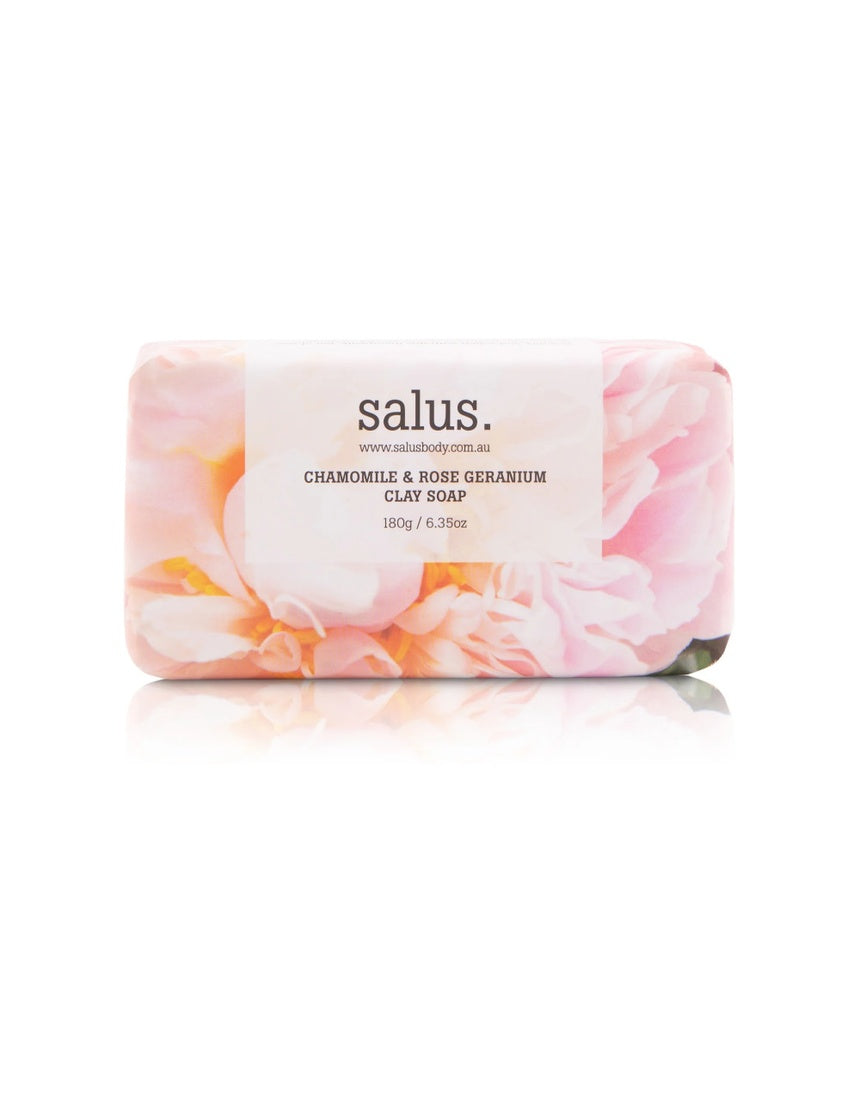 Salus Chamomile & Rose Geranium Clay Soap bar showcasing its herbal ingredients and natural clay texture.