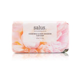 Salus Chamomile & Rose Geranium Clay Soap bar showcasing its herbal ingredients and natural clay texture.