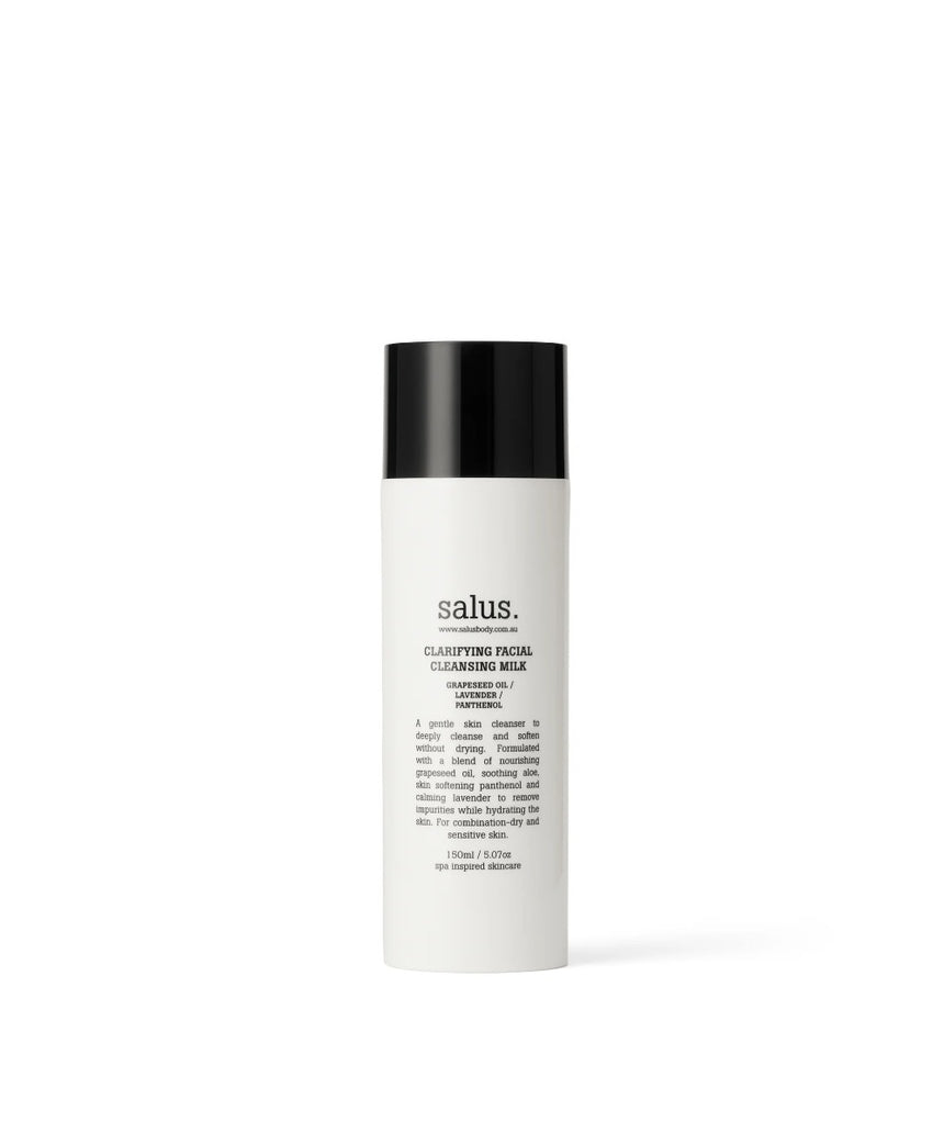 Salus Clarifying Facial Cleansing Milk bottle, 150ml, in a clear pump bottle with white label and blue accents.