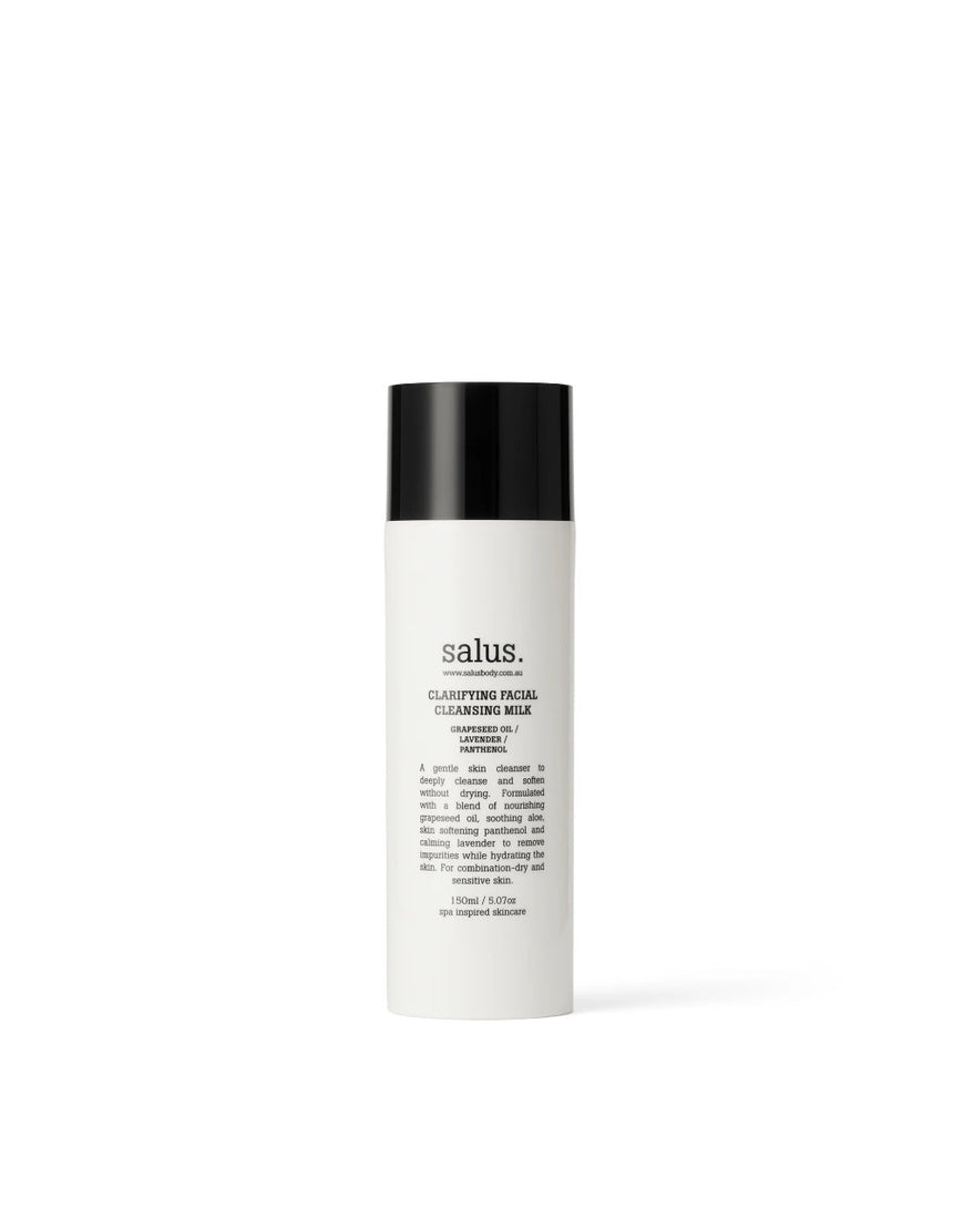 Salus Clarifying Facial Cleansing Milk bottle, 150ml, in a clear pump bottle with white label and blue accents.