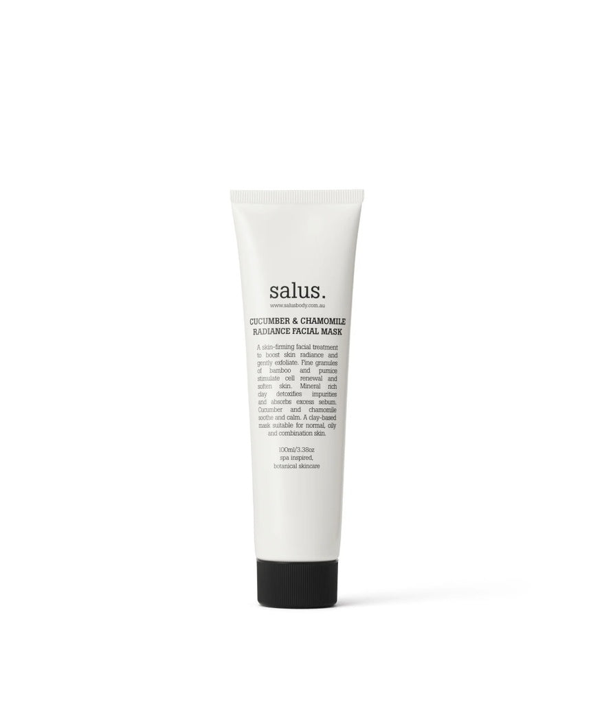 Salus Cucumber & Chamomile Radiance Facial Mask in a 100ml jar, featuring fresh cucumber slices and chamomile flowers for soothing skincare.