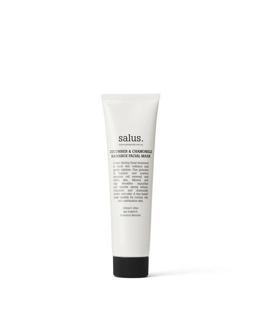 Salus Cucumber & Chamomile Radiance Facial Mask in a 100ml jar, featuring fresh cucumber slices and chamomile flowers for soothing skincare.