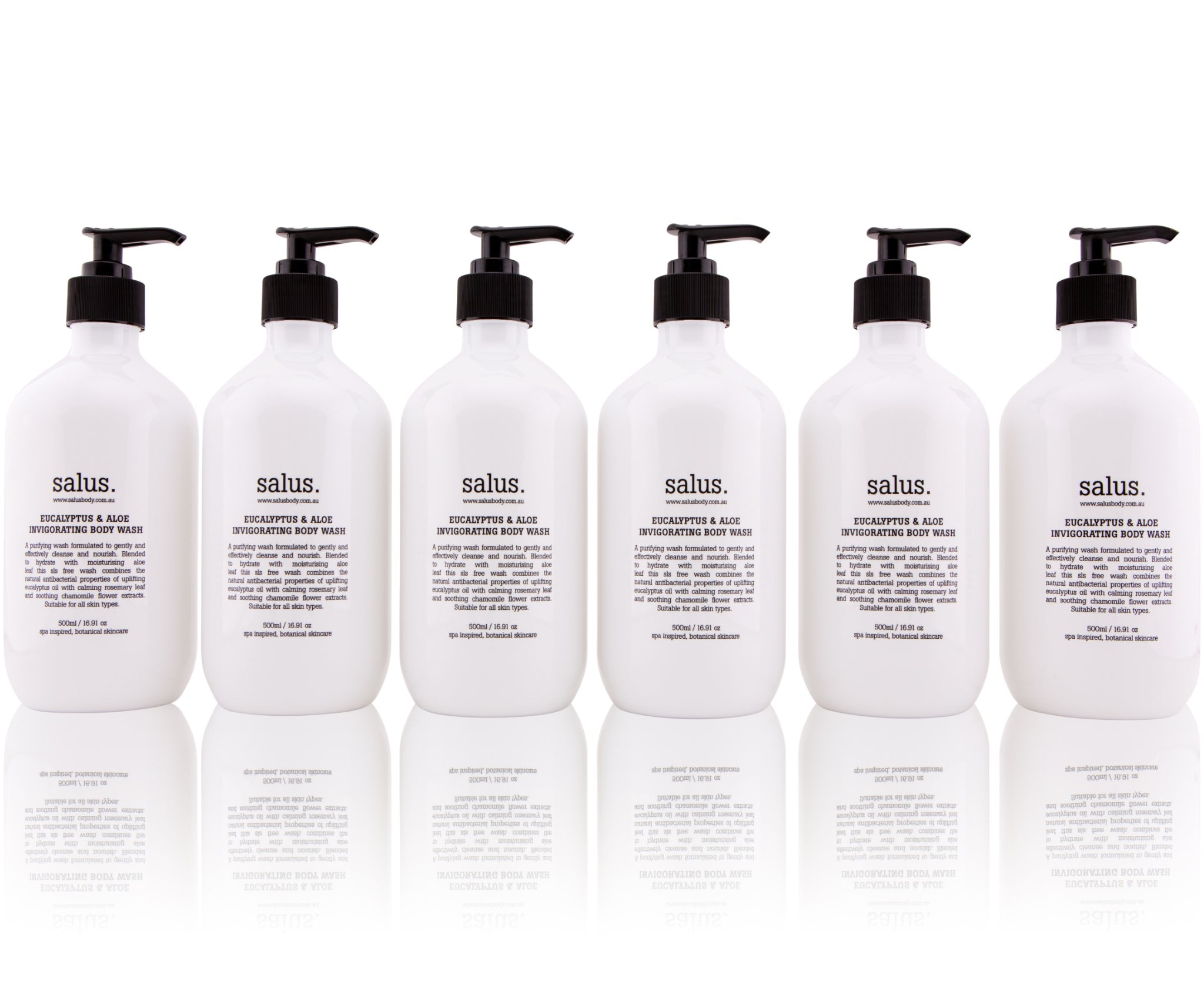 Salus Eucalyptus & Aloe Invigorating Body Wash in 500ml bottle, featuring a clear bottle and refreshing label design.