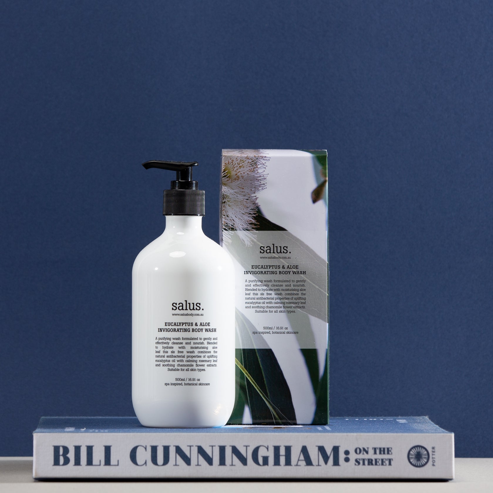 Salus Eucalyptus & Aloe Invigorating Body Wash in 500ml bottle, showing the product packaging with fresh eucalyptus and aloe images.