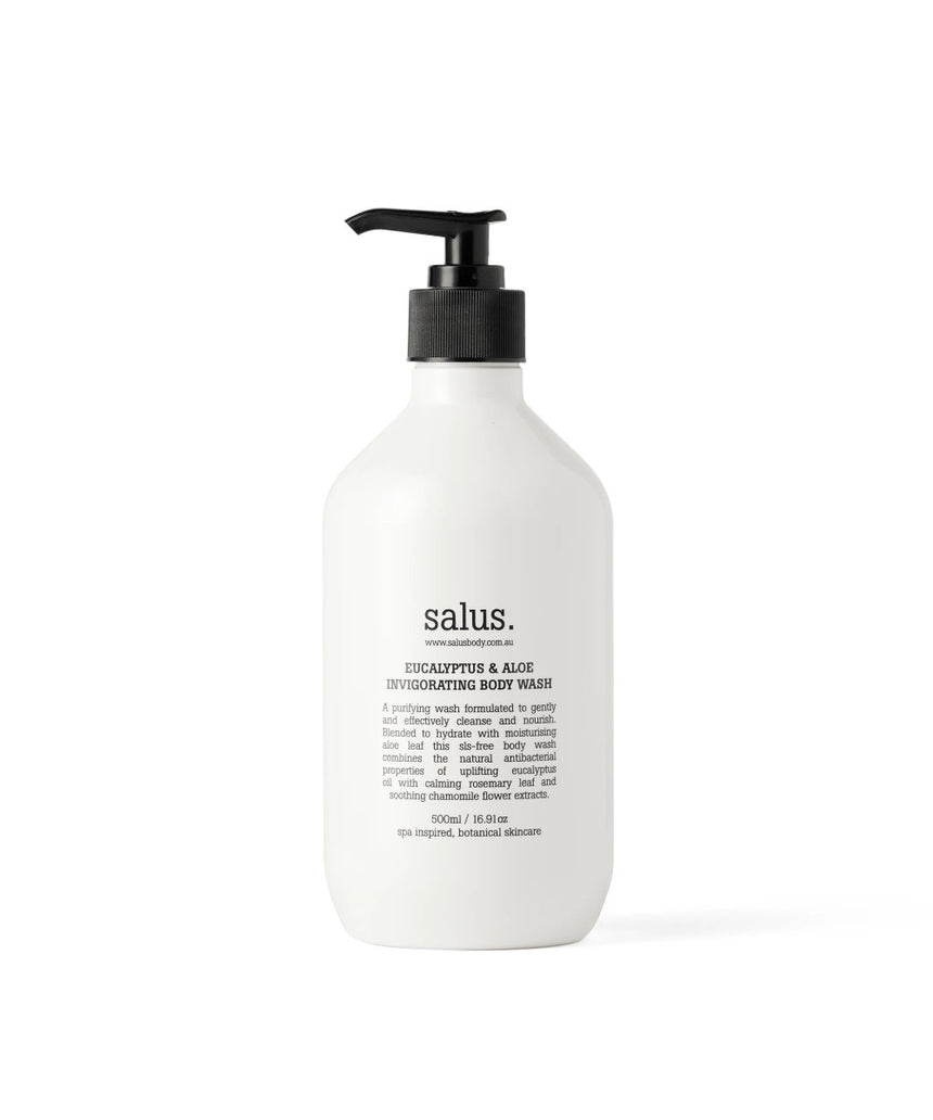 Salus Eucalyptus & Aloe Invigorating Body Wash in 500ml bottle, with fresh eucalyptus and aloe ingredients visible.
