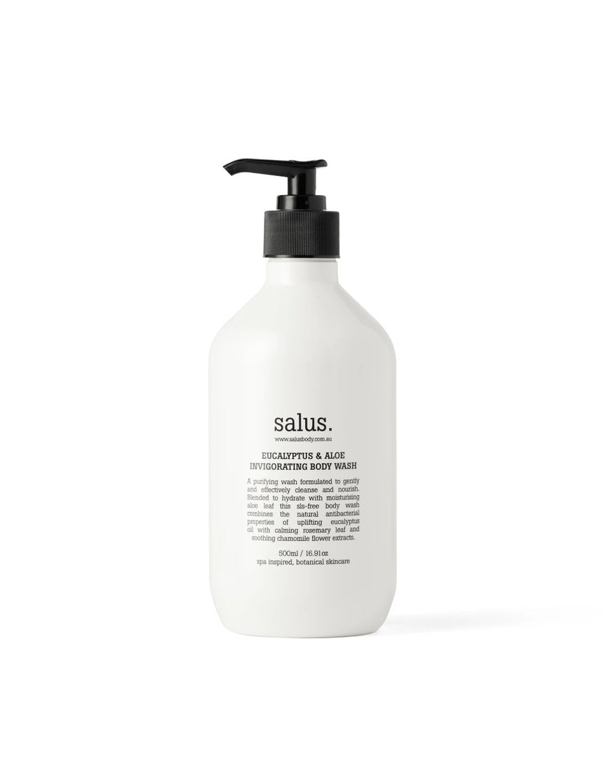 Salus Eucalyptus & Aloe Invigorating Body Wash in 500ml bottle, with fresh eucalyptus and aloe ingredients visible.