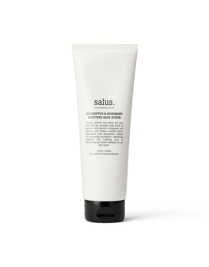 Salus Eucalyptus & Rosemary Purifying Body Scrub in a 250ml jar with botanical ingredients and textured surface.