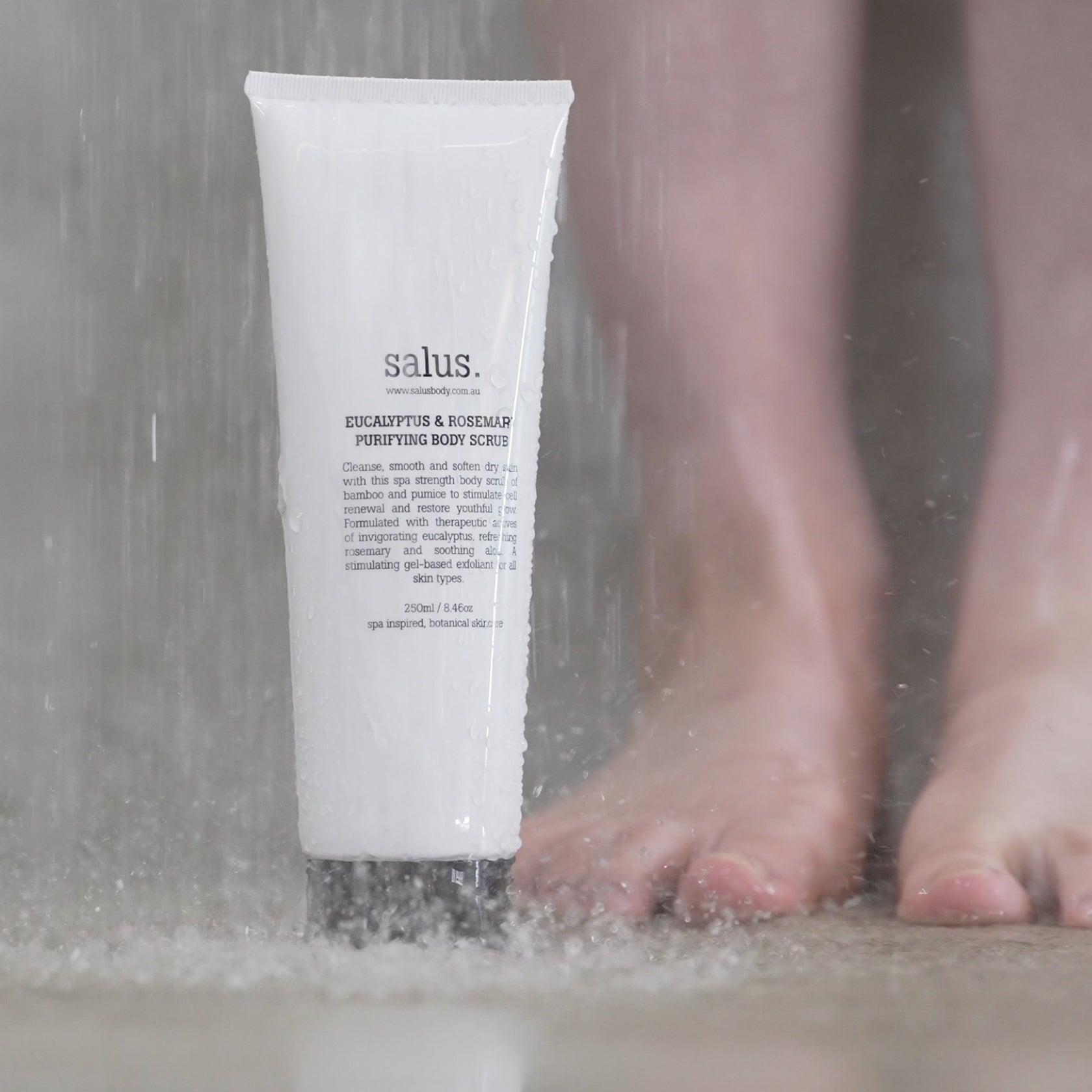 Salus Eucalyptus & Rosemary Purifying Body Scrub in a 250ml jar, showing the natural textured scrub with eucalyptus and rosemary ingredients.