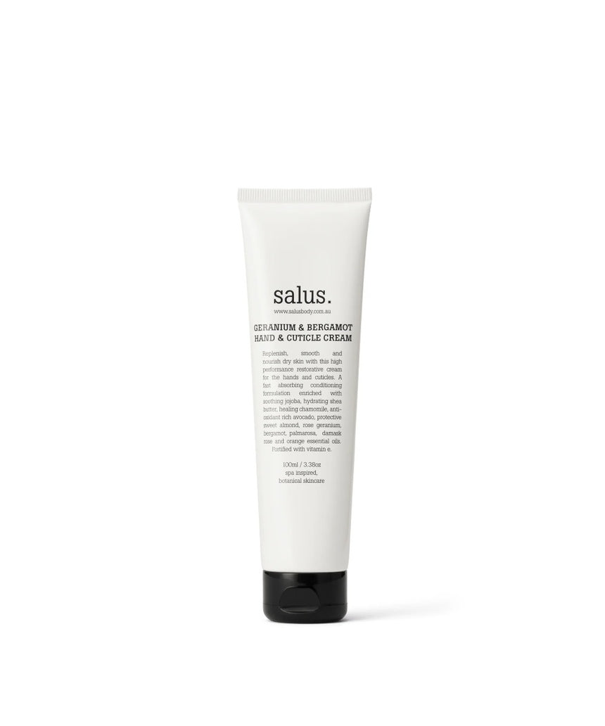 Salus Geranium & Bergamot Hand & Cuticle Cream in a 100ml tube, showing the luxurious packaging and creamy texture.