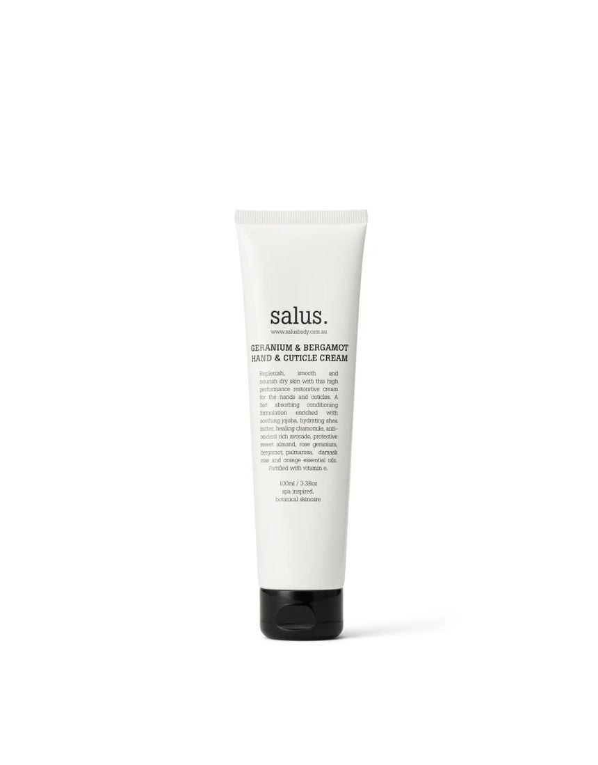 Salus Geranium & Bergamot Hand & Cuticle Cream in a 100ml tube, showing the luxurious packaging and creamy texture.