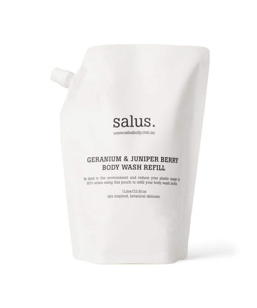 Salus Geranium & Juniper Berry Body Wash Refill 1L, natural body wash refill with botanical scent, in a recyclable bottle.