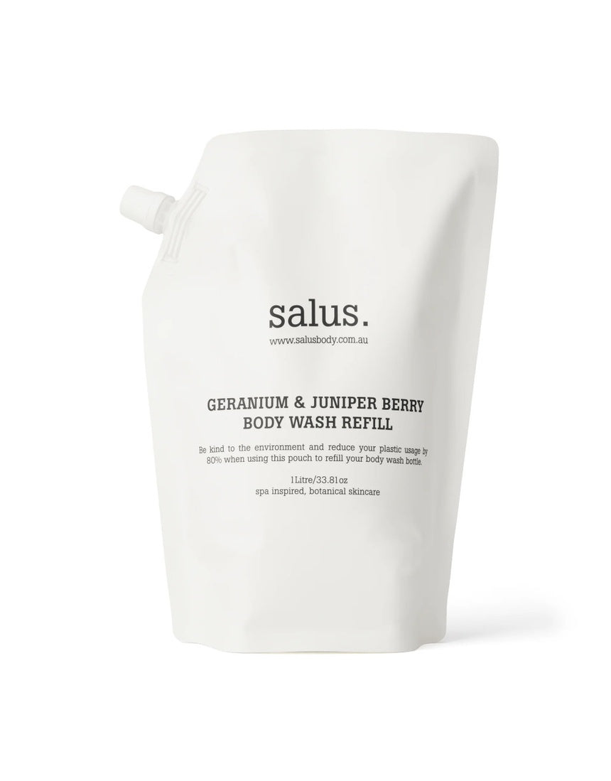 Salus Geranium & Juniper Berry Body Wash Refill 1L, natural body wash refill with botanical scent, in a recyclable bottle.