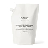 Salus Geranium & Juniper Berry Body Wash Refill 1L, natural body wash refill with botanical scent, in a recyclable bottle.