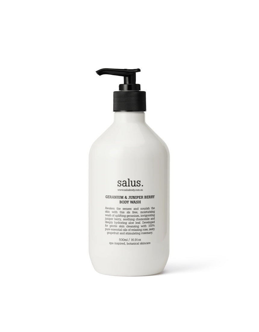 Salus Geranium & Juniper Berry Body Wash in a 500ml bottle, showcasing the natural ingredients and refreshing gel texture.