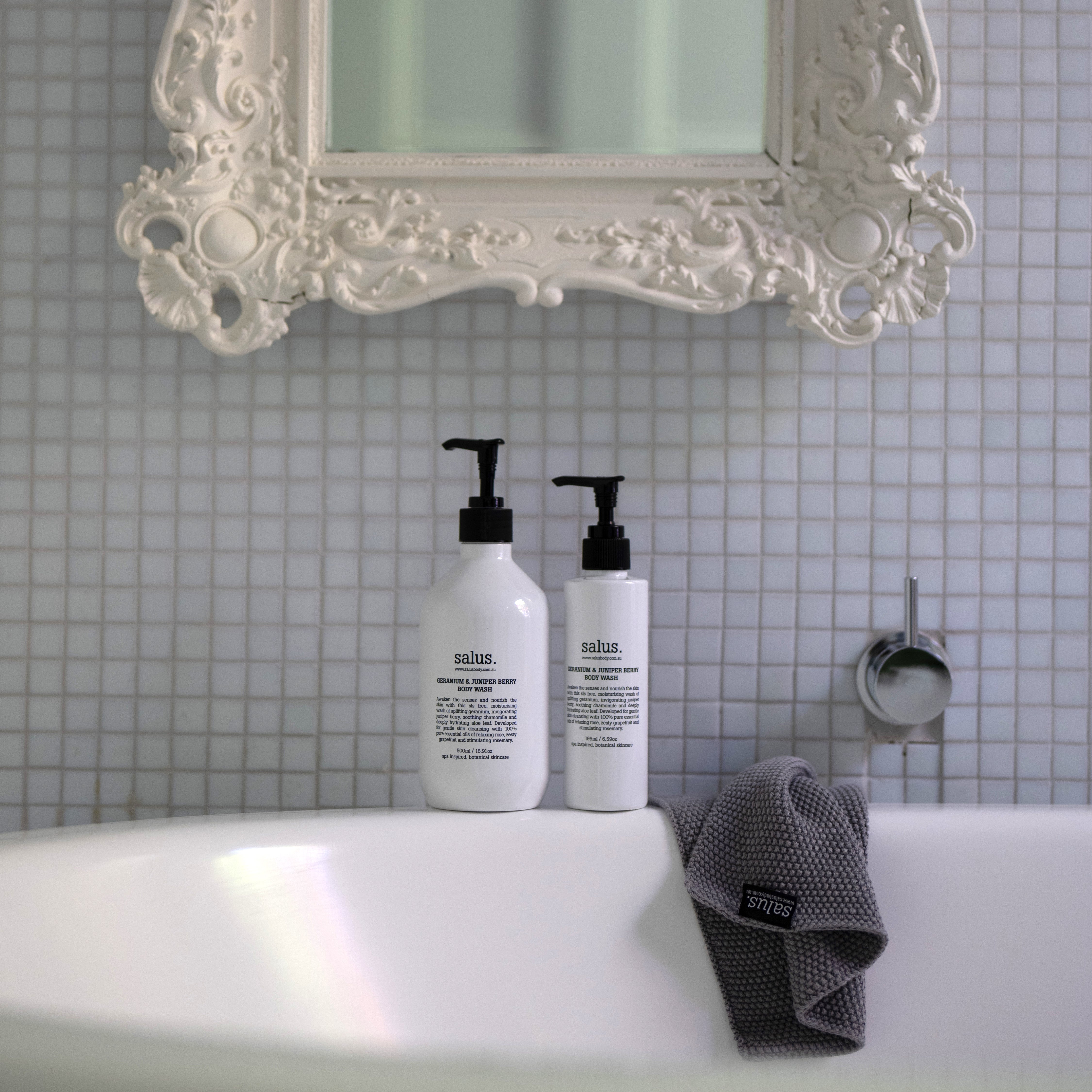 Salus Geranium & Juniper Berry Body Wash 500ml bottle with label, showing fresh floral and berry ingredients.