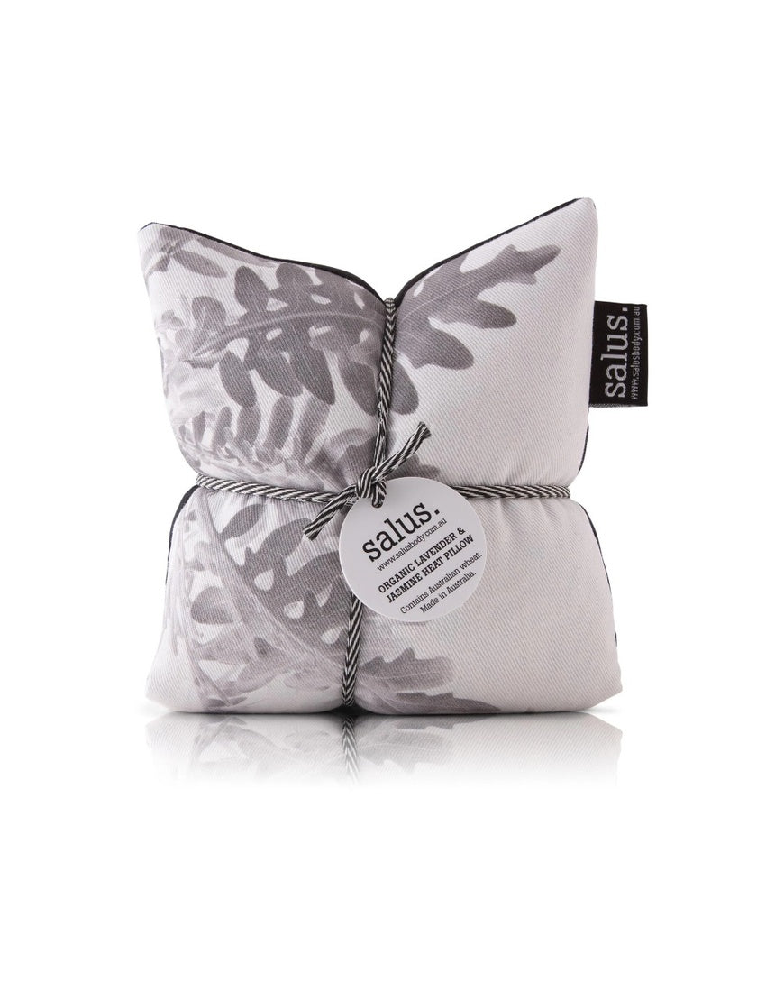 Salus Lavender & Barley Heat Pillow in grey with botanical design, featuring lavender and barley accents for soothing warmth.