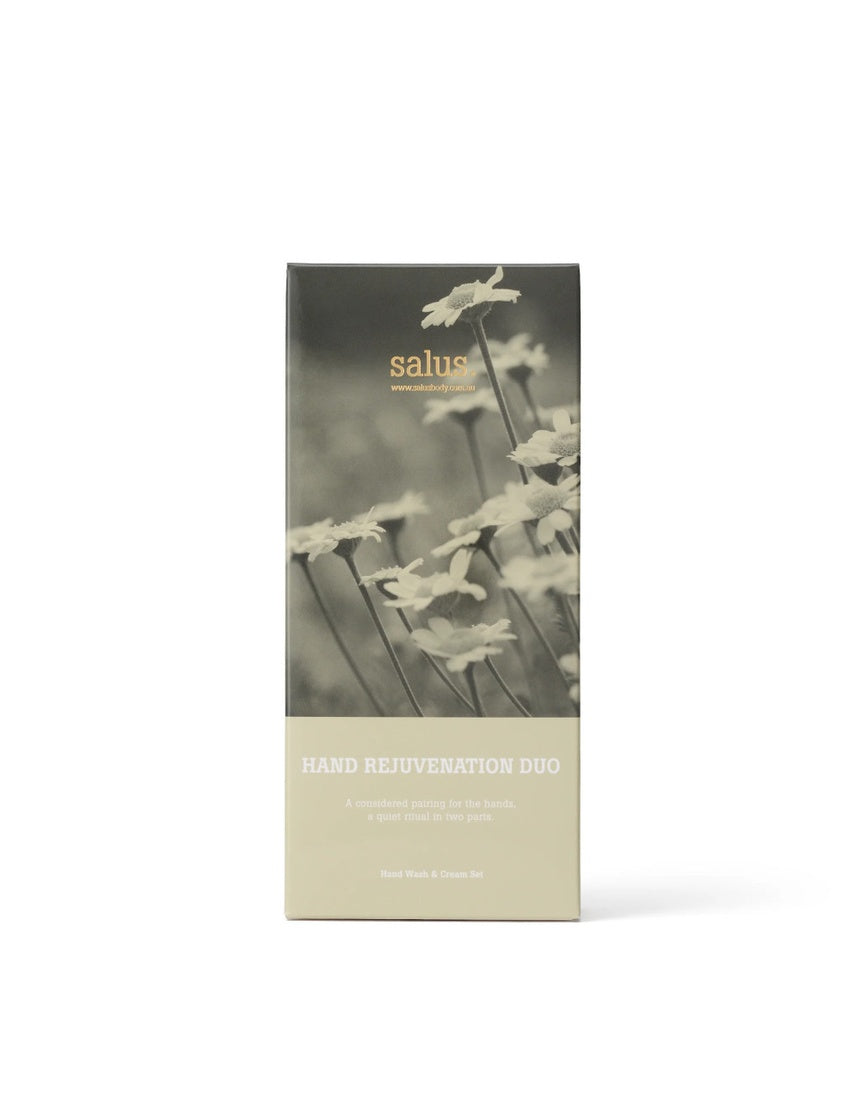 Salus Hand Rejuvenation Duo gift set featuring skincare products for hand care and rejuvenation, with elegant packaging.