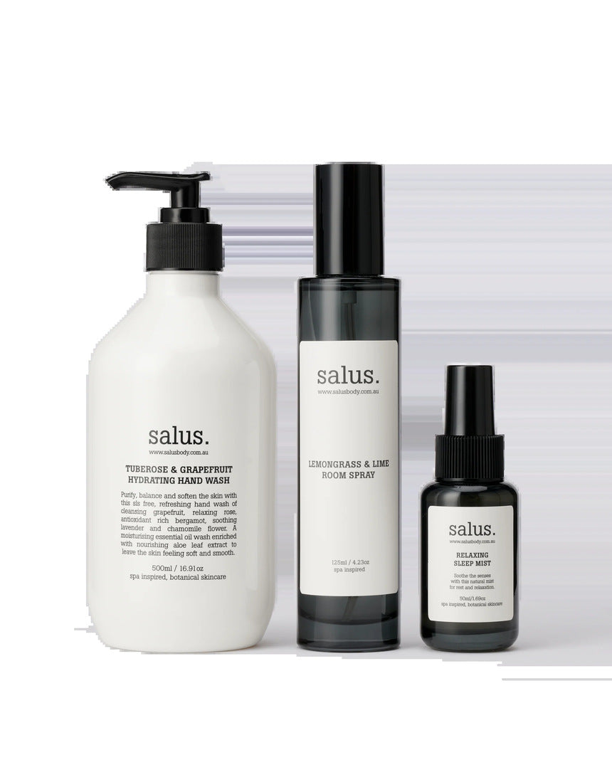 Salus Body Home Aromatics Trio gift set with three aromatic products arranged on a white surface.