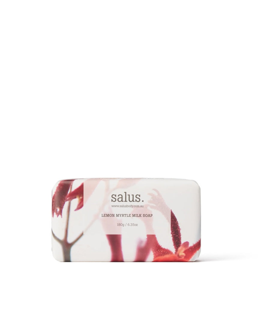 Salus Lemon Myrtle Milk Soap bar with natural lemon myrtle scent, creamy texture, and 180g weight, ideal for gentle cleansing.