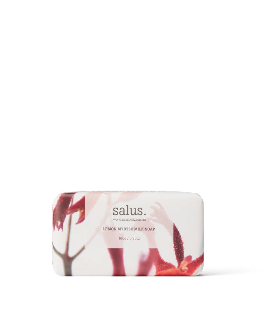 Salus Lemon Myrtle Milk Soap bar with natural lemon myrtle scent, creamy texture, and 180g weight, ideal for gentle cleansing.