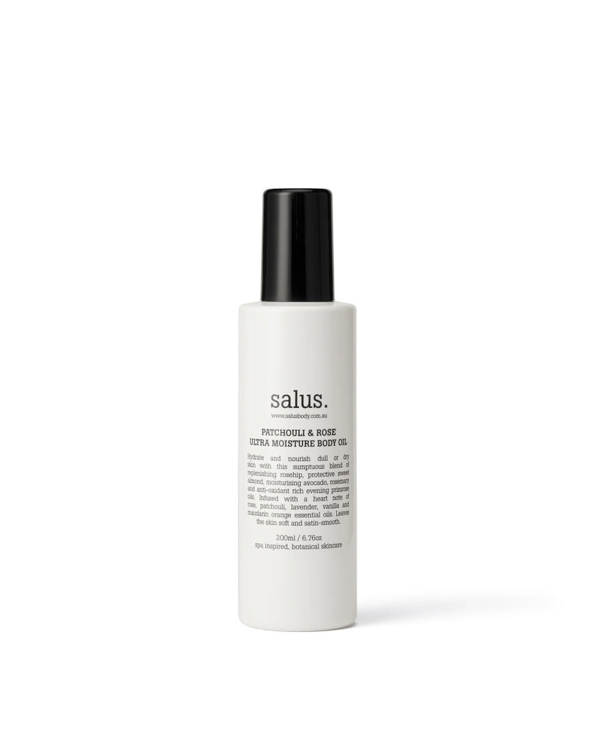 Salus Patchouli & Rose Ultra Moisture Body Oil in 200ml bottle, showcasing elegant packaging and smooth oil texture.