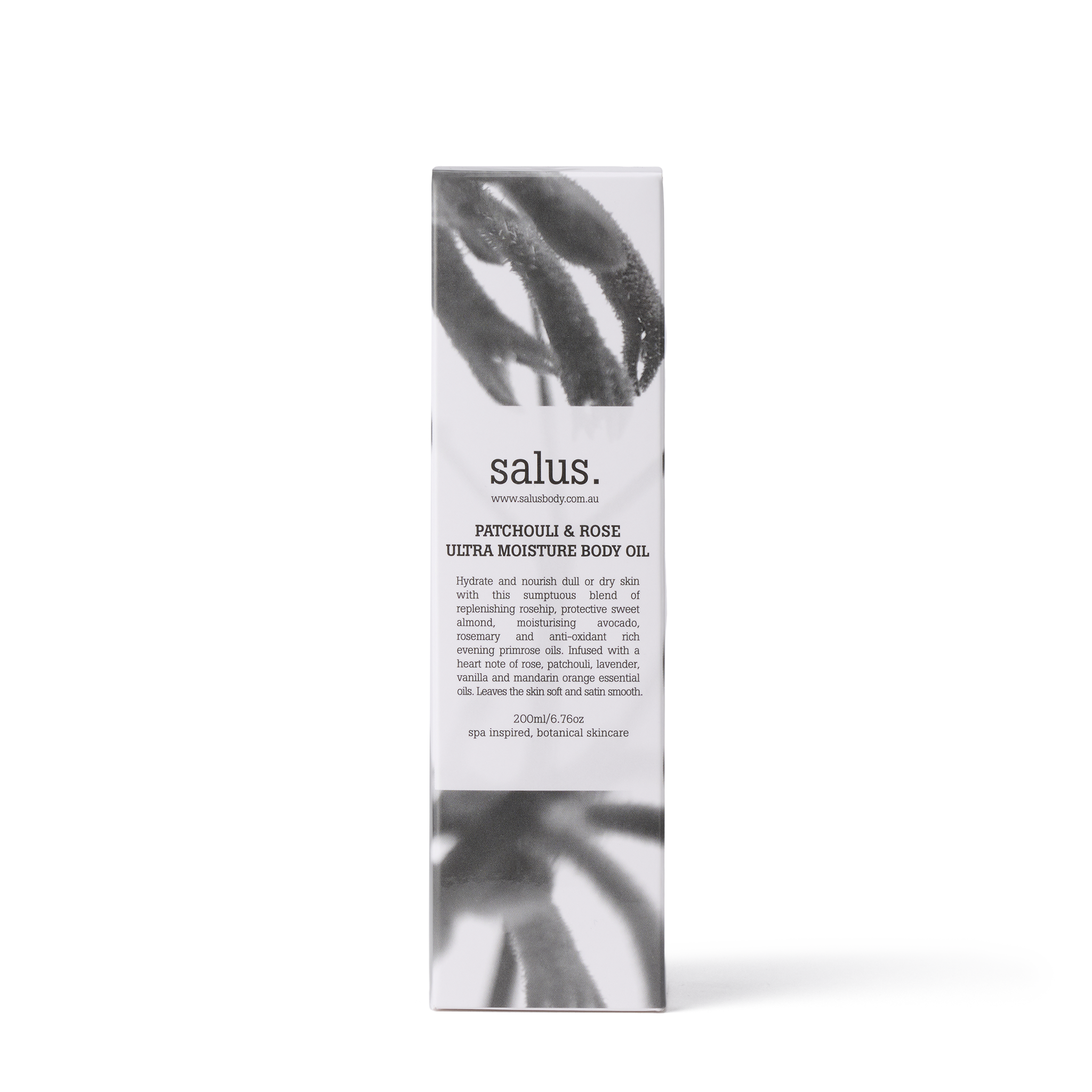 Salus Patchouli & Rose Ultra Moisture Body Oil in a 200ml bottle, showcasing the elegant packaging and oil inside.