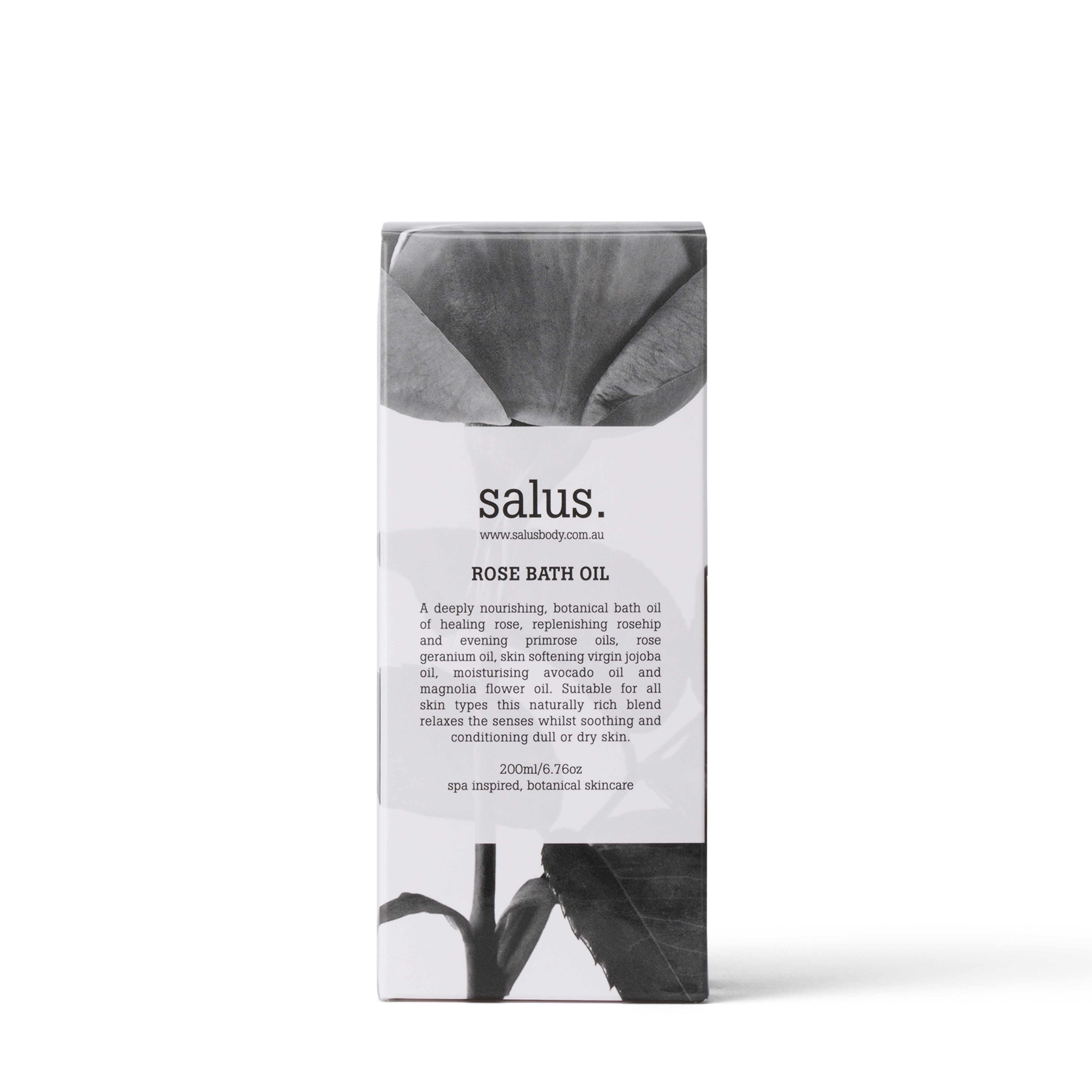 Salus Rose Bath Oil 200ml bottle with elegant rose design, showcasing the luxurious bath oil for relaxing skincare.