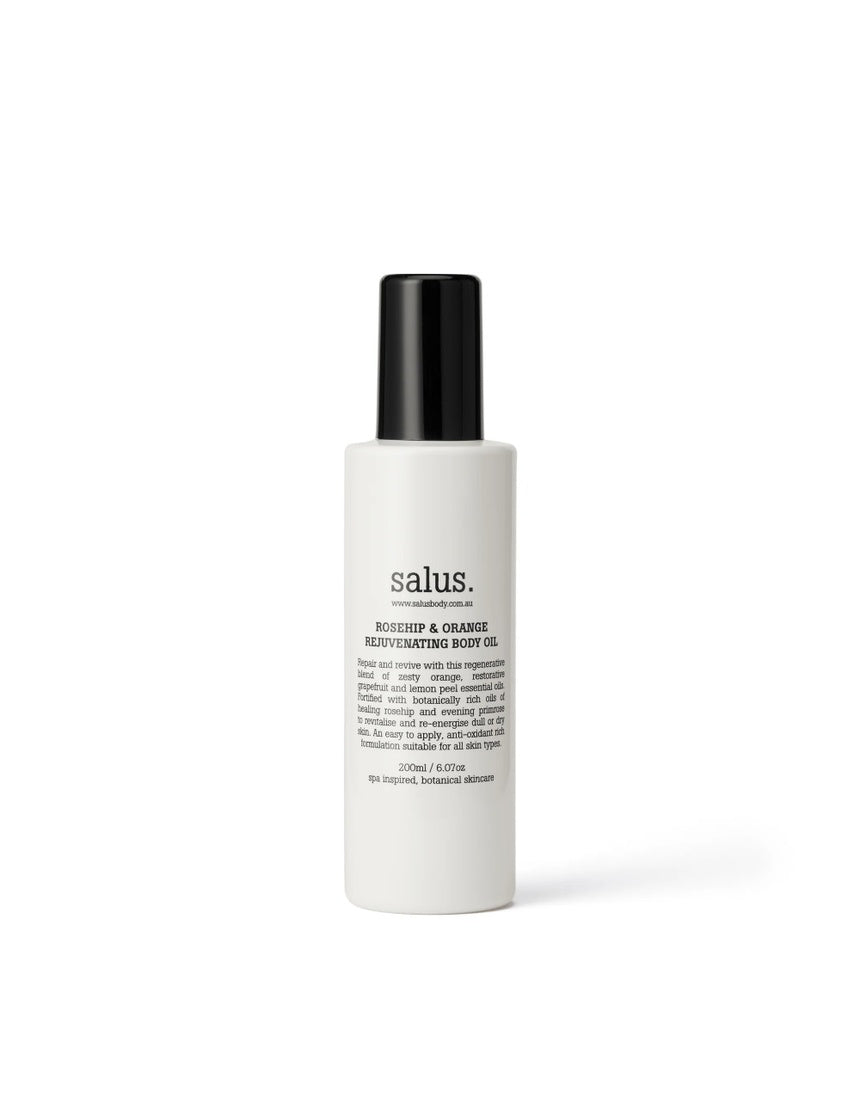 Salus Rosehip & Orange Rejuvenating Body Oil 200ml bottle with orange and rosehip ingredients visible