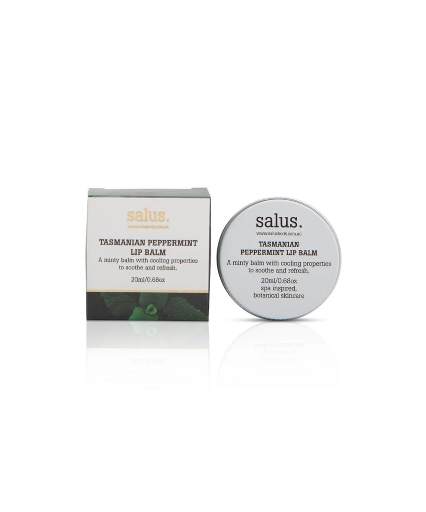 Salus Tasmanian Peppermint Lip Balm tin, 20ml, with a natural peppermint scent, shown in its metal container.