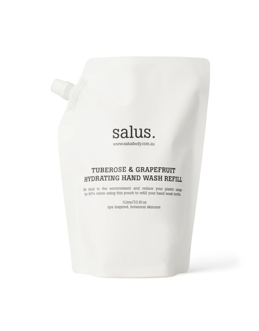 Salus Tuberose & Grapefruit Hydrating Hand Wash Refill bottle, 1L, showing the product label and refill packaging.