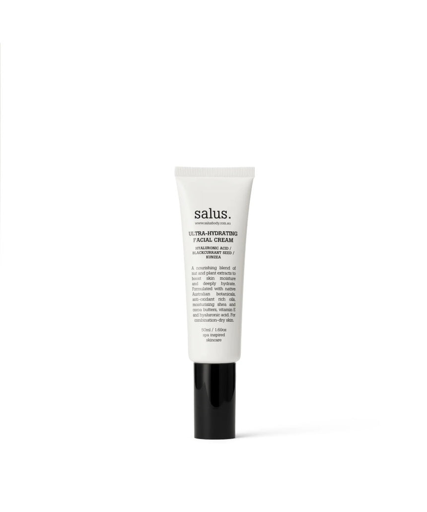 Salus Ultra-Hydrating Facial Cream 50ml in a jar, showing creamy texture and white packaging, ideal for nourishing and moisturizing skin.