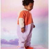 Lilac and coral sherpa booties for babies by Halcyon Nights, featuring soft, cozy fabric with cute, plush detailing.