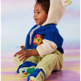 Halcyon Nights baby sherpa jumpsuit and booties in royal blue and lime, featuring soft, cozy fleece for comfort and warmth.