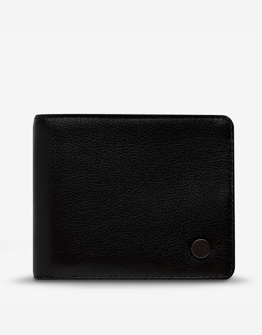 Black Leonard Wallet by Status Anxiety, a sleek leather wallet with multiple card slots and a minimalist design.