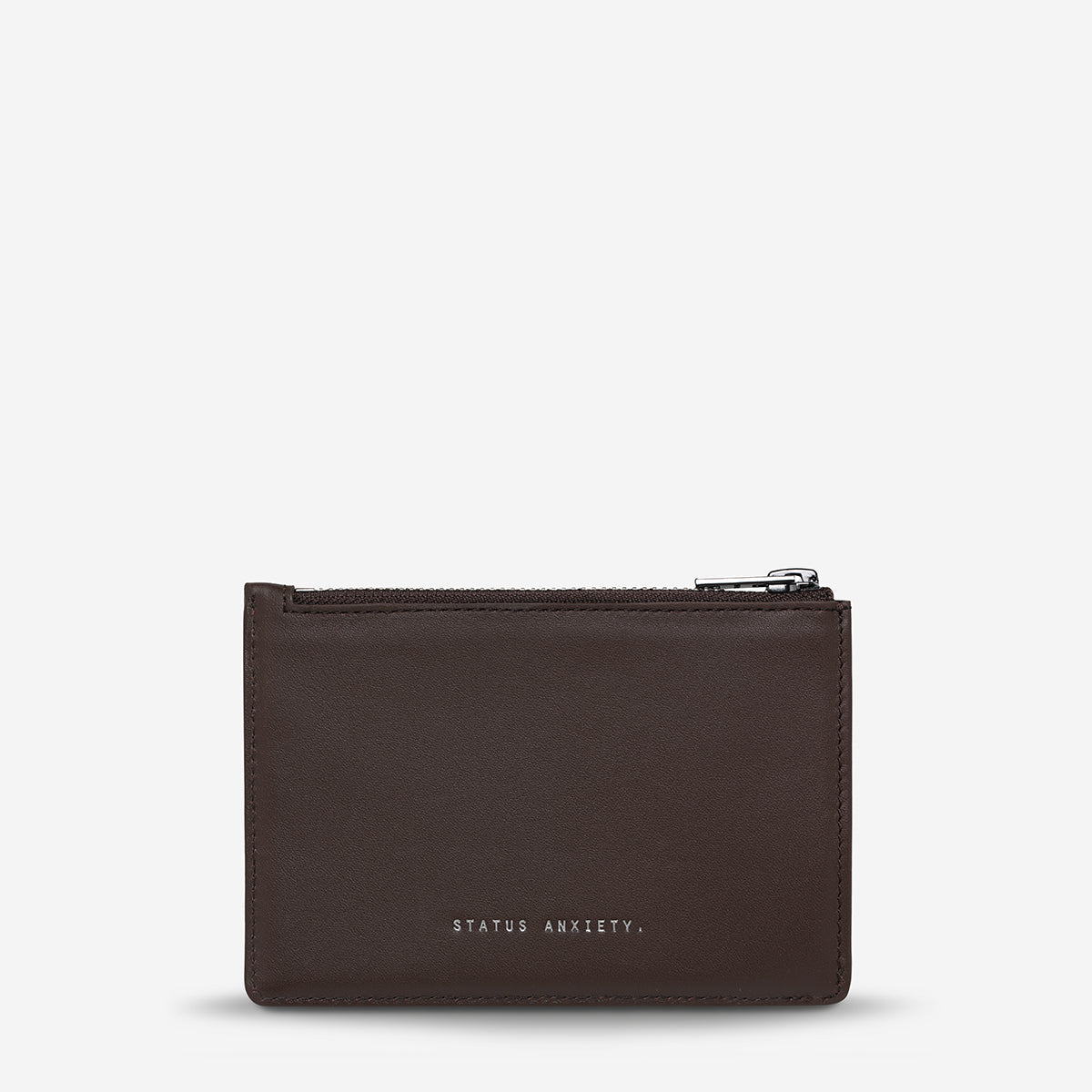 Status Anxiety Gone Again Wallet in Cocoa Nappa leather displayed front view showing smooth texture and compact design.
