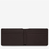 Status Anxiety Jonah Wallet in chocolate leather, compact and stylish men's wallet with multiple card slots and a sleek design.