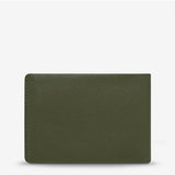 Khaki Status Anxiety Jonah Wallet showing back view with card slots and stitching detail, compact and stylish leather wallet.