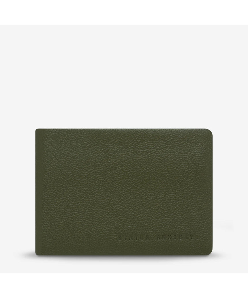 Khaki Status Anxiety Jonah Wallet with multiple card slots and compact design, showing front view with minimalist style.