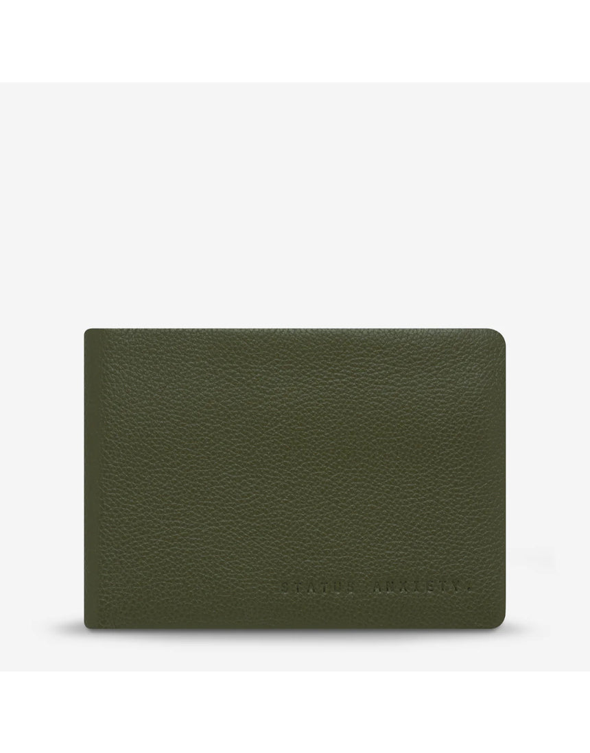 Khaki Status Anxiety Jonah Wallet with multiple card slots and compact design, showing front view with minimalist style.