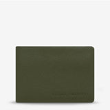 Khaki Status Anxiety Jonah Wallet with multiple card slots and compact design, showing front view with minimalist style.